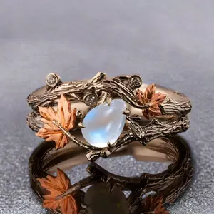 Elegant 2-Piece Maple Leaf Statement Ring Set Rose Golden Finish Blue Stone Vintage Style High Quality for Casual Wear Birthday Valentine’s Day Christmas Gifting Women Sparkling Zircon Inlay Handmade Jewelry engagement rings