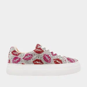 Betsey Johnson Sidny Sneaker with Glittering Lips Design and White Sole