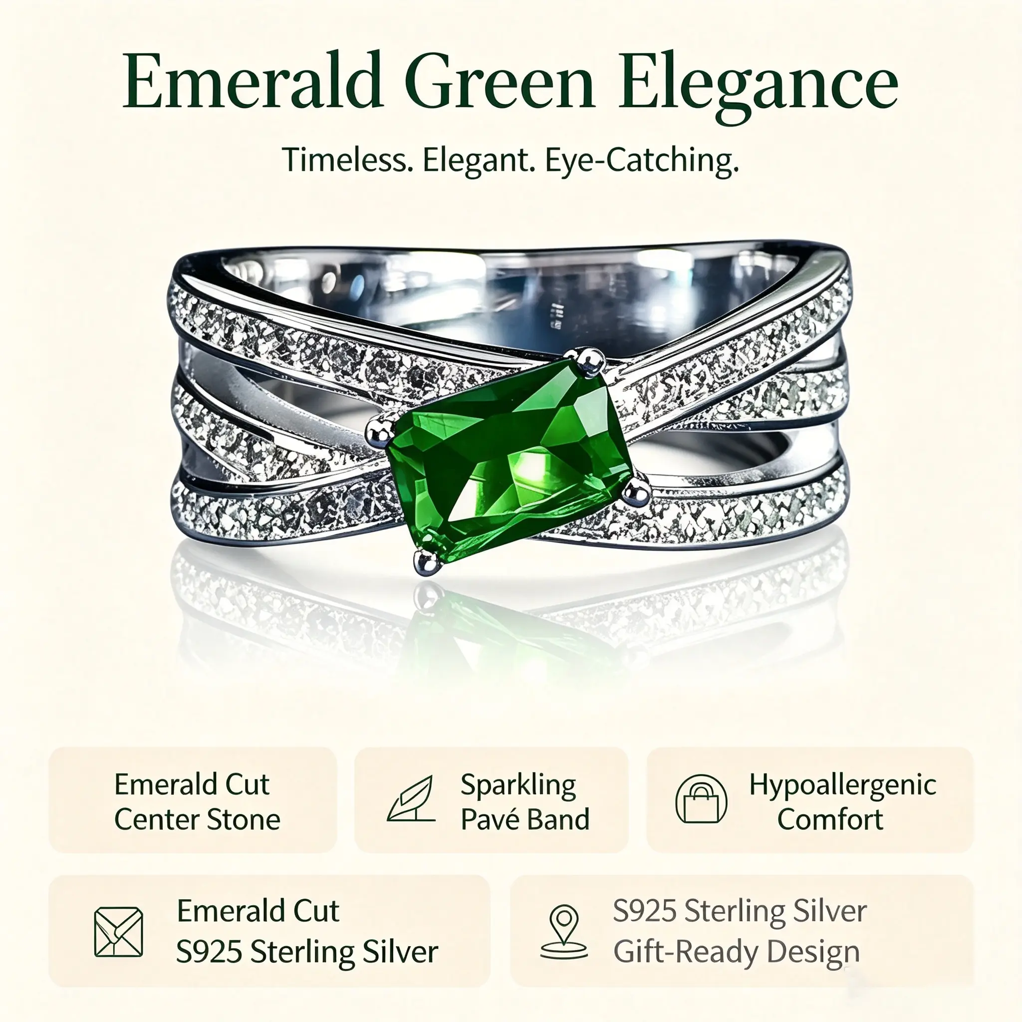 Women's Emerald Cut Green Gemstone Ring, S925 Sterling Silver Criss-Cross Pavé Band, Elegant Promise Wedding Ring, Hypoallergenic hostess gift party jewelry gift