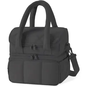 Double Decker Lunch Bag for Women, Wide Opening Insulated Womens Lunch Bag for Work, Leakproof Waterproof Large Leakproof Cooler Bag, Zipper Closure, with Adjustable Shoulder Strap and Side Pockets