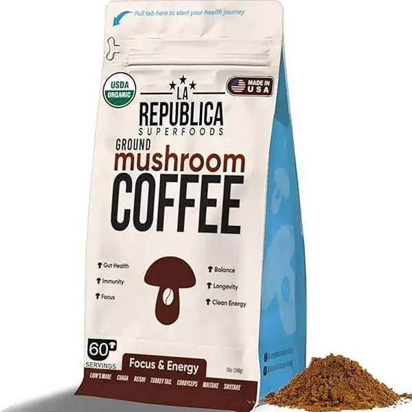La Republica Ground Mushroom Coffee, Organic Fair Trade Arabica with Superfood Mushrooms (Medium Roast, 60 Servings) Beverage Natural