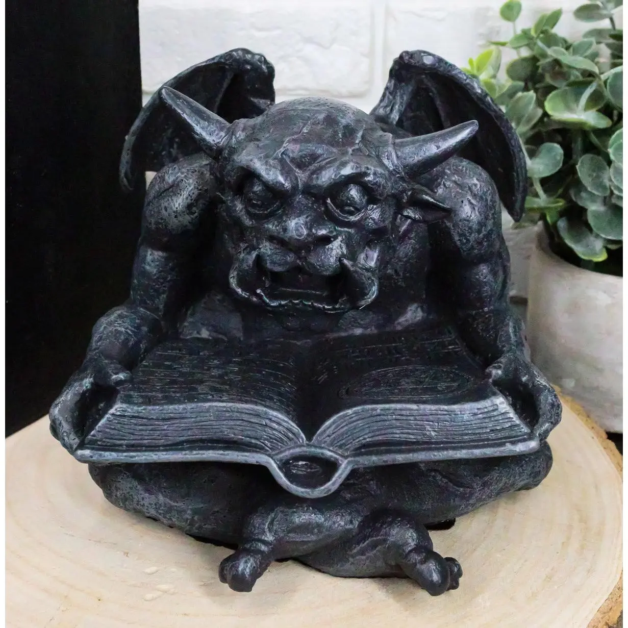 Notre Dame Horned Gargoyle Statue with Spell Book - Gothic Resin Sculpture, Home Decor Figurine, Bibliography Watchman
