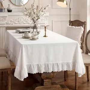 White Ruffle Tablecloth Retro  Ruffled  Tablecloth Rustic Embroidered Washable Table Cover for Rectangle Table Kitchen Holiday Party Wedding Decor(52" x 70")