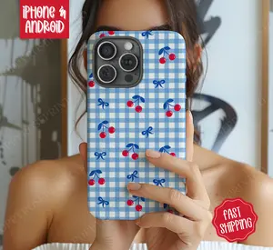 Gingham Cherry Phone Case, Coquette Phone Case Mag Safe Compatible, Magnetic Tough Cases