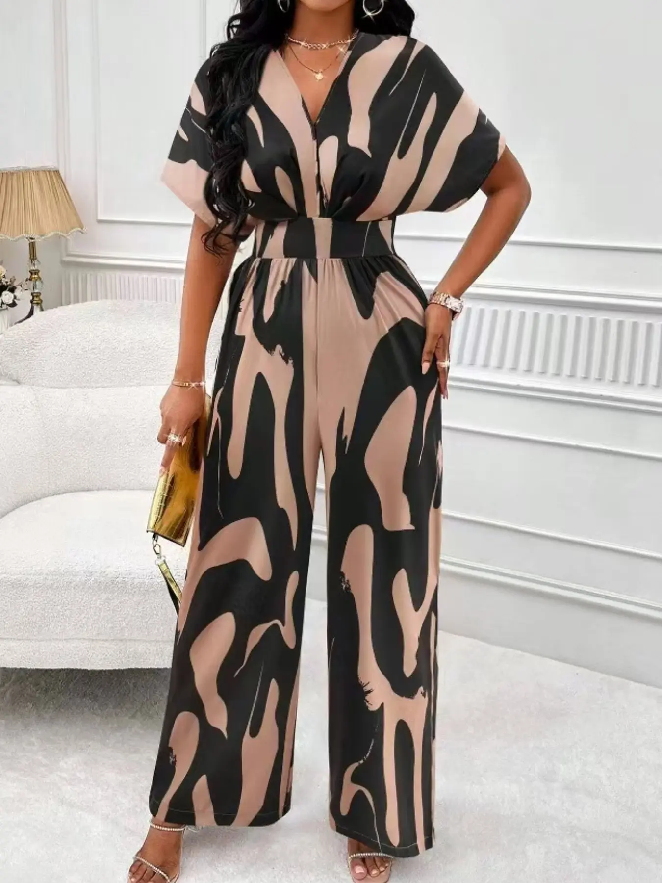 Women's V-Neck Plant Print Batwing Sleeve Belted Stylish Jumpsuit, Casual Comfy Jumpsuit, Casual Loose Fit Long Pants for Summer, Fashionable Womenswear