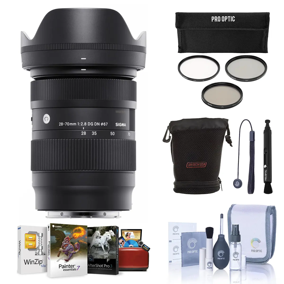 Sigma 28-70mm f/2.8 DG DN Contemporary Lens for Sony E, Bundle with Corel Mac Software Suite, 67mm Filter Kit, Lens Pouch, Lens Cleaner, Cleaning Kit, Lens Cap Tether
