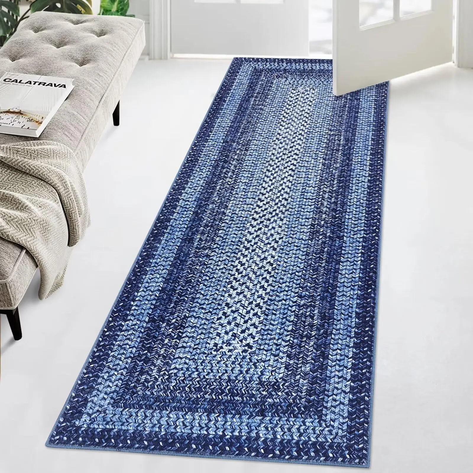 Blue 2x6 Braided Area Rug with Non-Slip Backing, Modern Accent Carpet for Bedroom, Living Room, Dining Room & Hallway, Foldable Low Pile Throw Rug