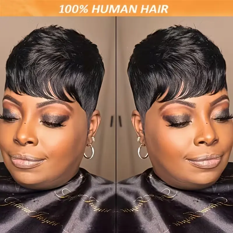 100% Human Hair Short Pixie Cut Wig - Glueless Fit, 180% Density Instant Volume Full Machine Wig, Suitable for Casual Events, Light Beige Tones