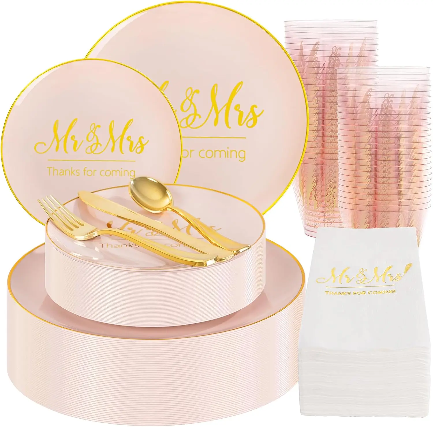 I00000 Mr and Mrs Wedding Pink Plastic Plates and Napkins Set,Bridal Shower Plates Set for 25 Guests Include 25 Dinner Platos,25 Dessert Platos,25 Cups,25 Napkins,25 Cutlery for Engagement Party Decor, Utensil, Disposable