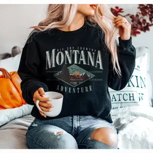 Easter Idea Women's & Unisex Montana Sweatshirt, Retro Graphic Mountain Crewneck, Casual Long Sleeve Round Neck Pullover, Nature Adventure Print, Cotton Spandex for Daily Wear & Mom Gift