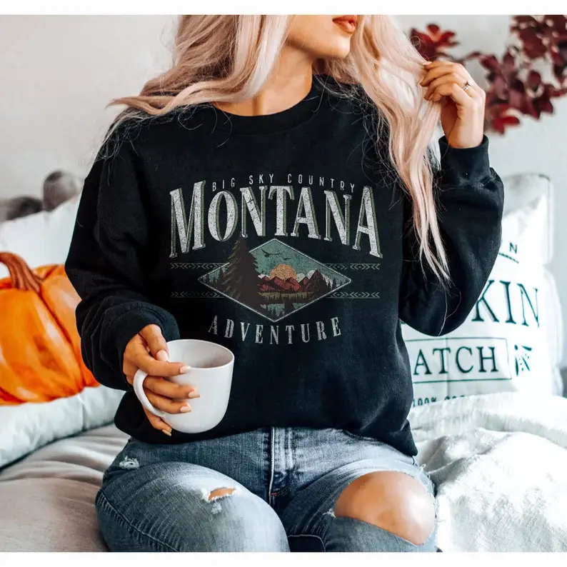 Women's Printed Longsleeves Hoodie Sweatshirt - Unisex Montana Retro Mountain Graphic Crewneck, Fitted Flat Casual Pullover, Nature Adventure Design, Cotton Spandex Fabric, Daily Wear & Mom Gift, Women's Tops