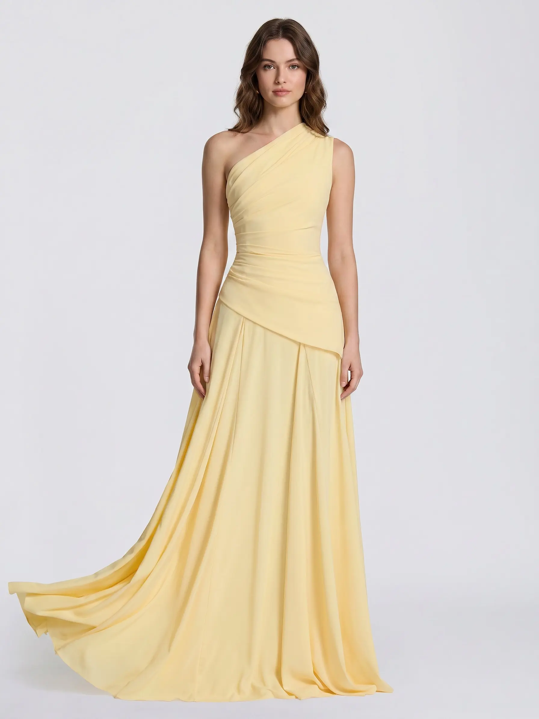 [New] Azazie Elara One-Shoulder Pleated Corset Bodice Lace-Up Back Full-Skirt Maxi Bridesmaid Wedding Guest Prom Chiffon Dress