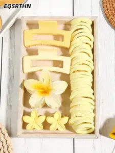 25Pcs Creamy Yellow Hair Clip Set - Large Matte Claw Clips, Tropical Plumeria Flower Clips & Seamless Hair Ties - Elegant Non-Slip Hair Accessories for Women & Girls (Daily, Office, Travel)