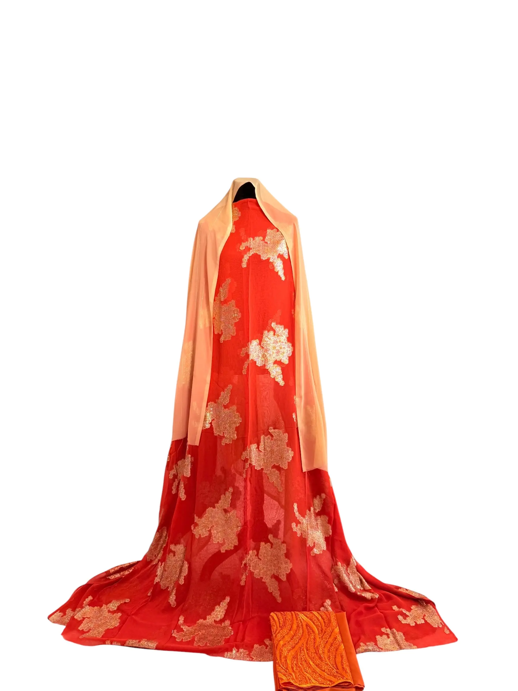 Luxury Scarlet Red & Champagne Gold 3-Piece Unstitched Dirac Suit with Chiffon Dupatta