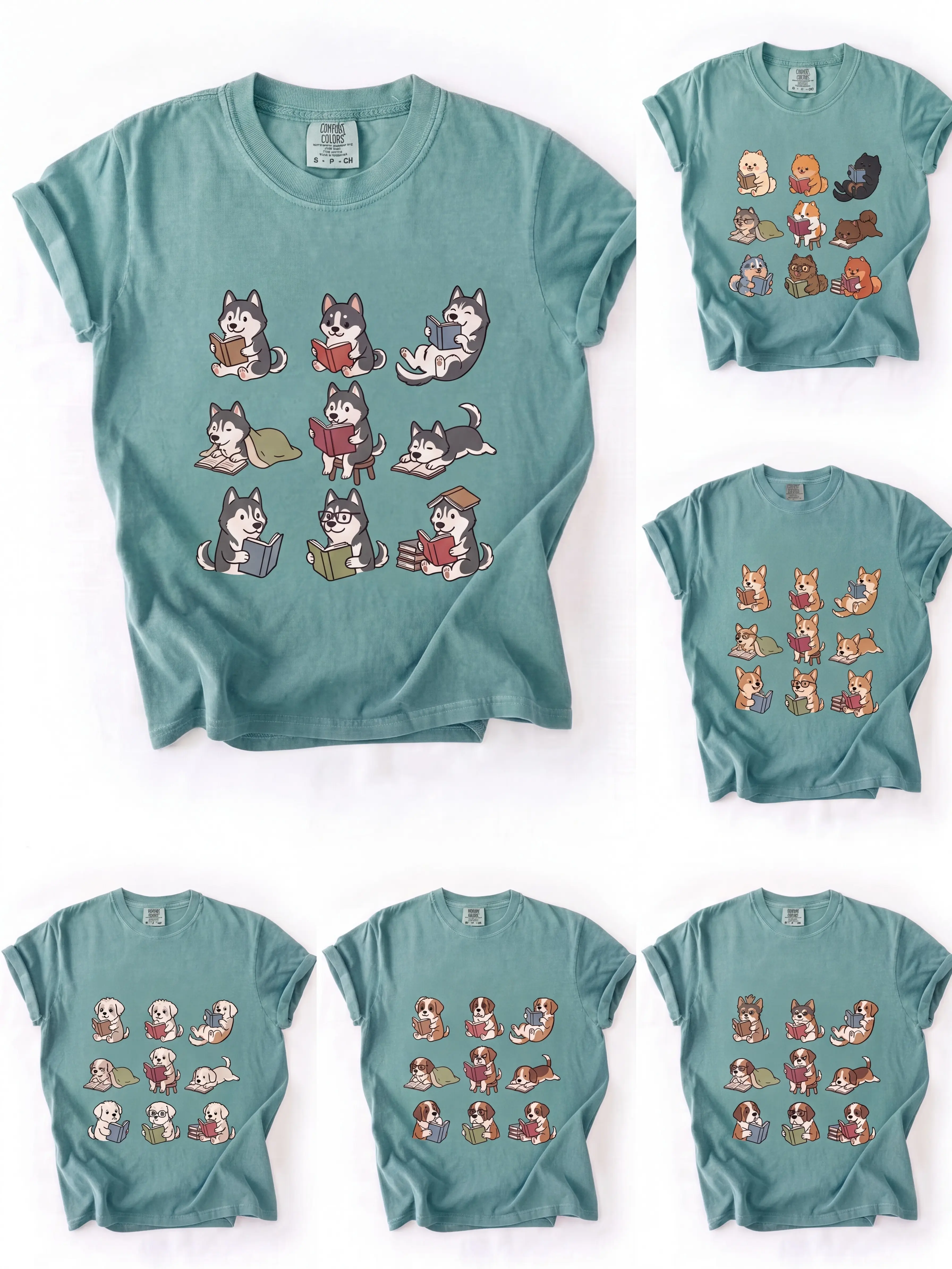 Comfort Colors 30+ Dog Breeds Reading Dog Lover T-Shirt, Blue Heeler Book Lover Tee, Vintage Pet Lover Shirt, Cute Bookish Dog Graphic