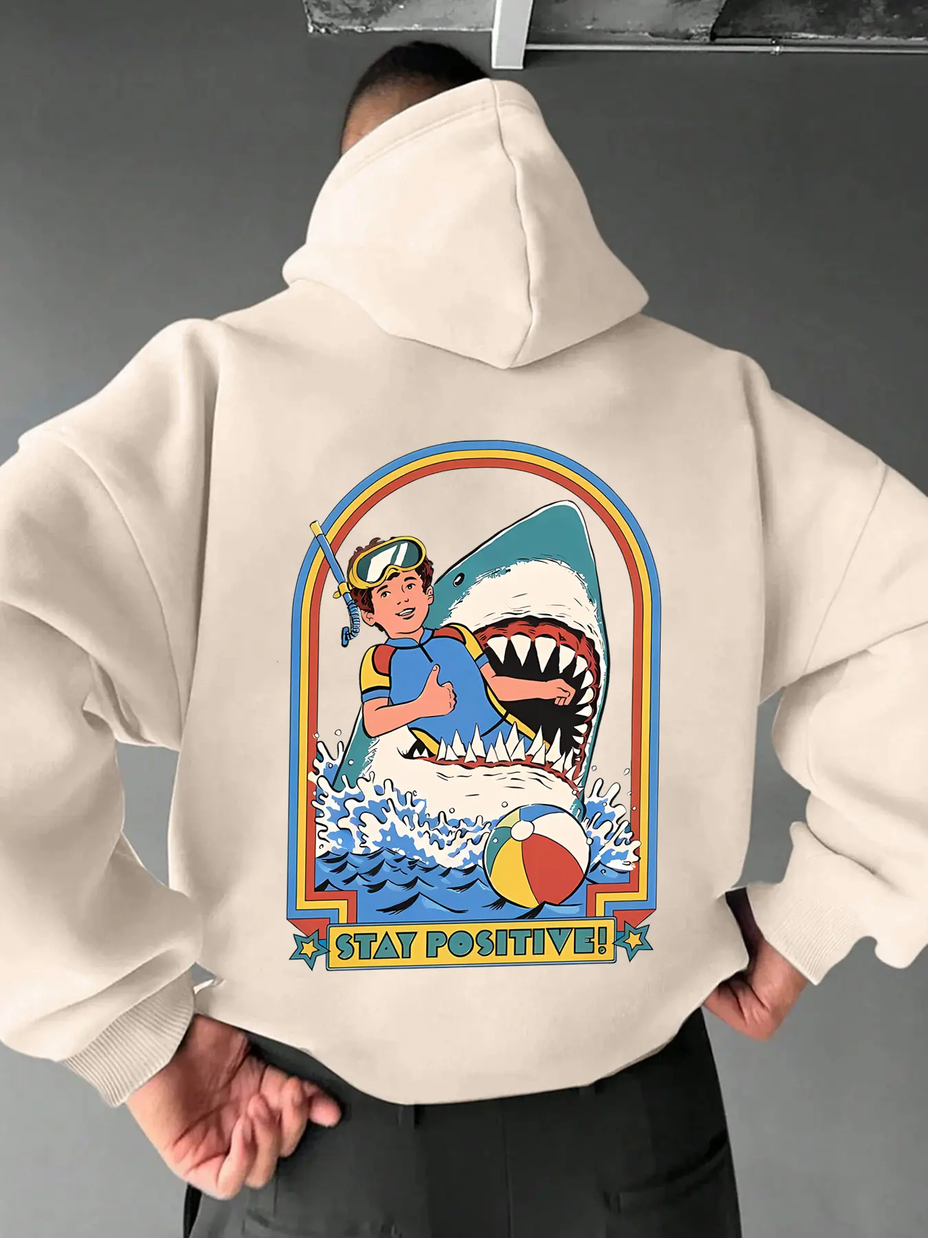 Men's Fashion Street Style Hoodie with Shark Print, Loose-Fit Thick Fabric Long Sleeve Pullover, Fall & Winter Casual Wear