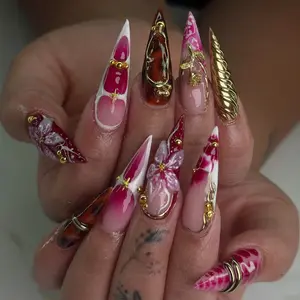 Cherry Gold Bloom Press On Nails | Red & White Stiletto Nail Art | 3D Floral Glam Nails | Luxury Long Press Ons
