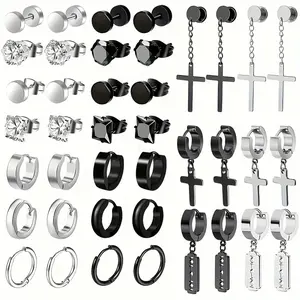 20 Pairs of Stainless Steel Cross Earrings Set for Men Women Dangle Hinged Men Women Earrings Silver Gold Black