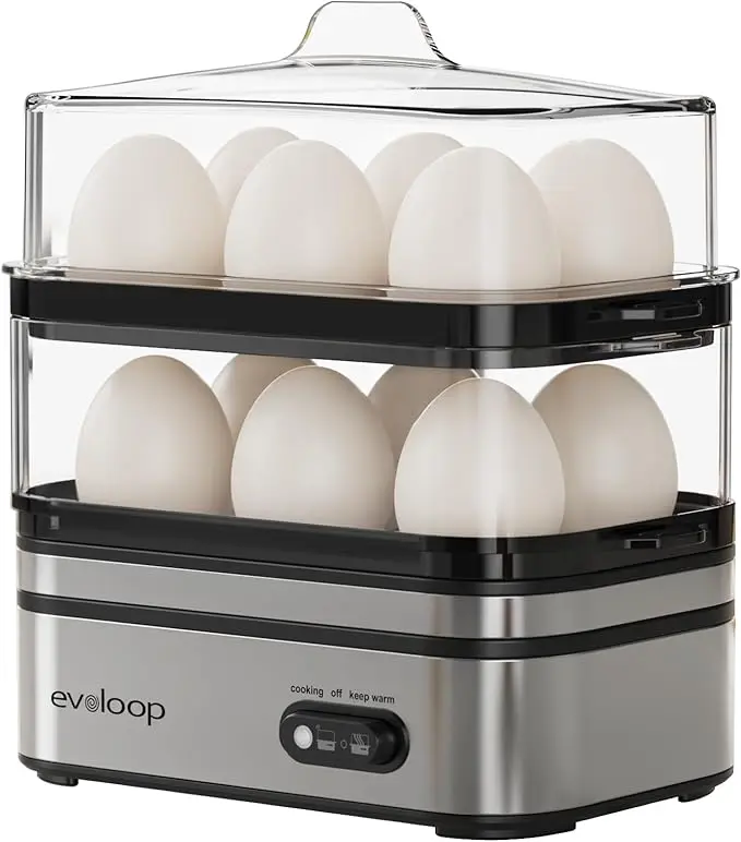 EVOLOOP Electric Rapid Egg Cooker Machine - 12-Capacity, Soft/Medium/Hard Boiled, Poached, Omelet Maker, Vegetable Steamer, BPA-Free Tray for Family, Apartment, Dorms (Double Eggs Compatible)