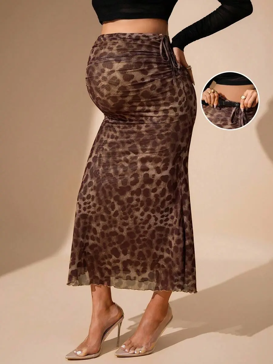 Stride x MaterniChic Autumn And Winter Leopard Print Casual Versatile Pleated Fitted Maternity Skirt Elegant Dresses For Party Fall