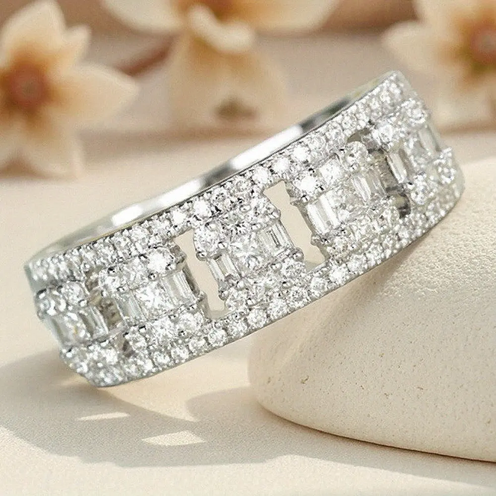 Wide Face Sparkling Multi-Layer Baguette Cubic Zirconia Ring - High-Quality Women's Jewelry for Bridal Engagement, Wedding & Anniversaries Artificial Gemstone Ring
