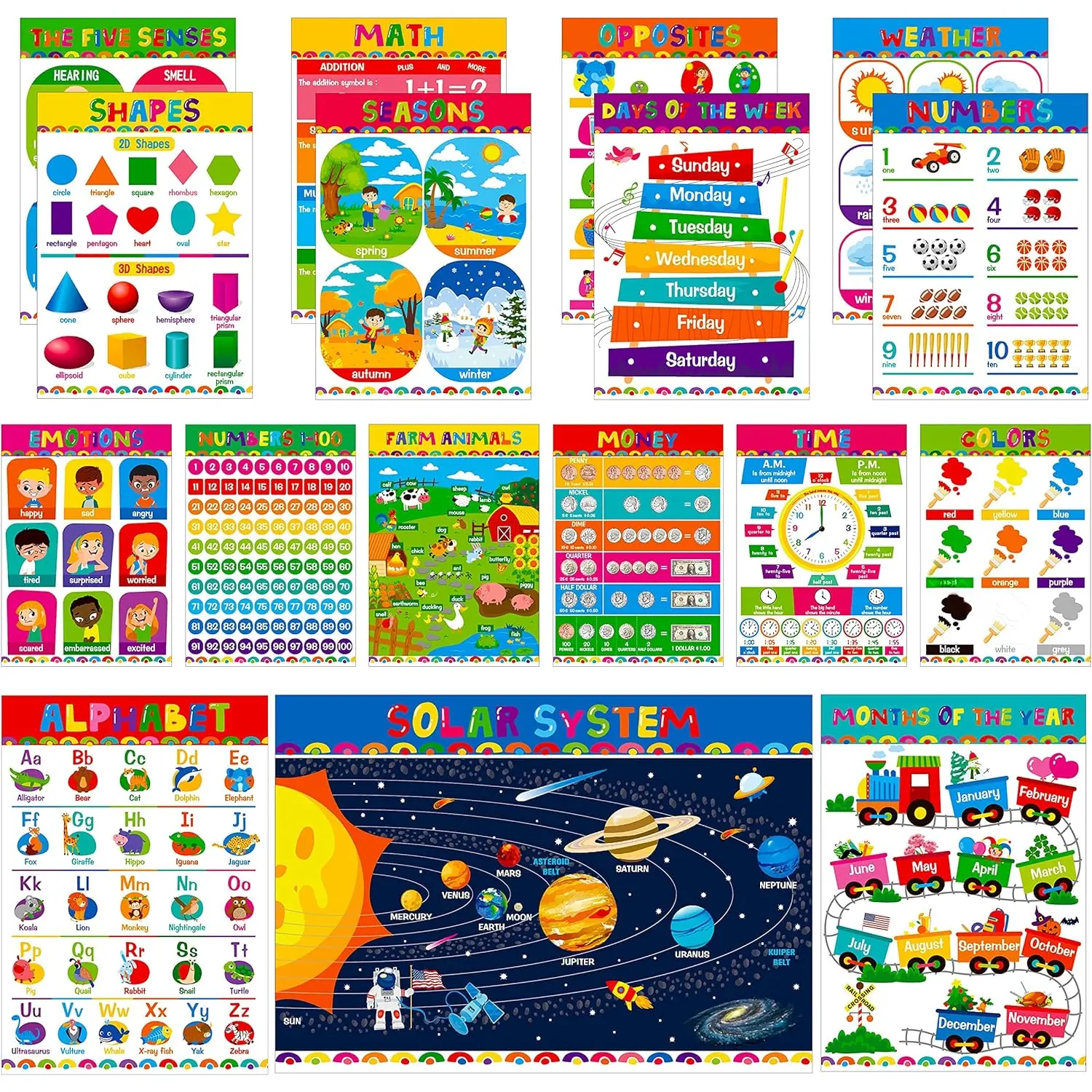 17 Packs Educational Poster, PET Film Covered  Learning Tools for