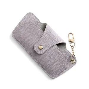 Anti-Pressure Sunglasses Case for Men & Women – Gray PU Leather Hanging Eyewear Pouch with Keychain, Portable Hard Shell Glasses Holder for Travel