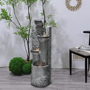 Tankana 4 Tier Cascading Outdoor Fountain with LED Lights 39.76 Inch Tall Resin Waterfall Fountain for Garden Patio Backyard Freestanding Water Feature Durable Weather-resistant Resin Warm Soft Lighting Fire Glass Stone