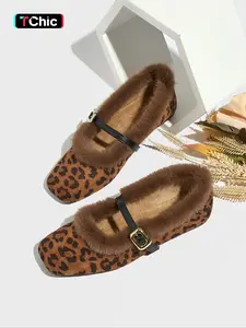 Women's Leopard Print Fur Lined Mary Jane Shoes, Vintage Square Toe Winter Boots, Warm Outdoor Soft Sole Slip-On Flats, Walking Shoes, Footwear