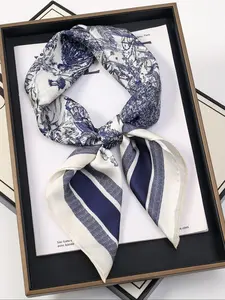 Women's Elegant Silk-Like Bandana - 27-Inch Chinese Ink Painting Print Square Scarf, Versatile for Neck/Head/Bag Decoration, 4-Season Accessory