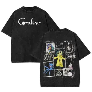 Coraline Retro Vintage Unisex graphic crewneck Acid Washed Heavyweight Cotton Tshirt, Coraline Movie shirts back school, coraline merch Fabric Fit Halloween Streetwear