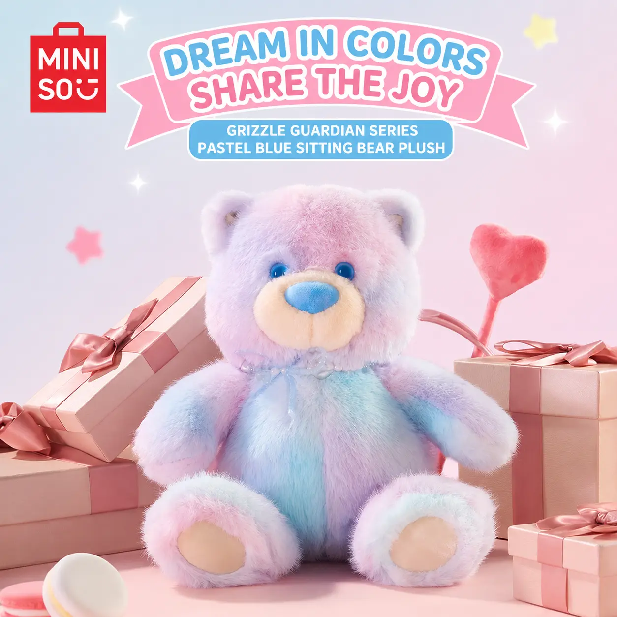 【Mother’s Day Gift】 MINISO Gifu Family Series Iridescent Blue Seated Teddy Bear – Cute Teddy Bear Figurine, Birthday Gift for Friends，Back To School