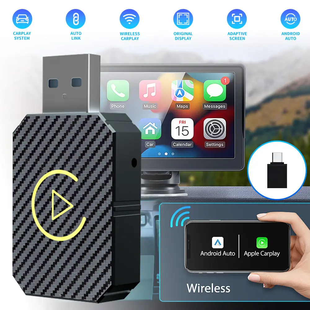 Mini Carplay Wireless Adapter2-in-1 Cordless Auto Streaming Box - Dual System Wireless Car Display Adapter for Touchscreen, Fast Connect Multimedia Receiver
