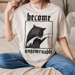 Become Ungovernable Funny Graphic Cat Biting Hand T-shirt, Vintage Graphic Tee, Silly Cats Shirt, Comfort Colors, Unisex Cotton, Gag Gifts