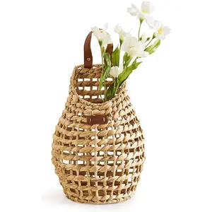 Wall Hanging Pocket Basket Open Weave Water Hyacinth Storage Belly Basket Boho Decorative Mounted Organizer for Plants Flowers
