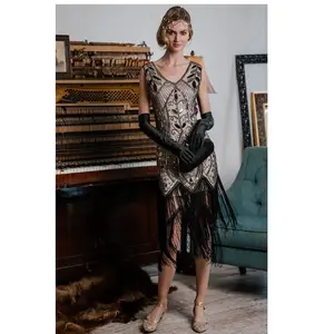 Retro Stage 1920s Vintage Elegant V-Neck White Sleeveless Dress with Leaf Pattern Sequin Embellishments and Black Fringe Hem - Ideal for Banquets and Parties Formal Women Womenswear Workwear Leather Vneck