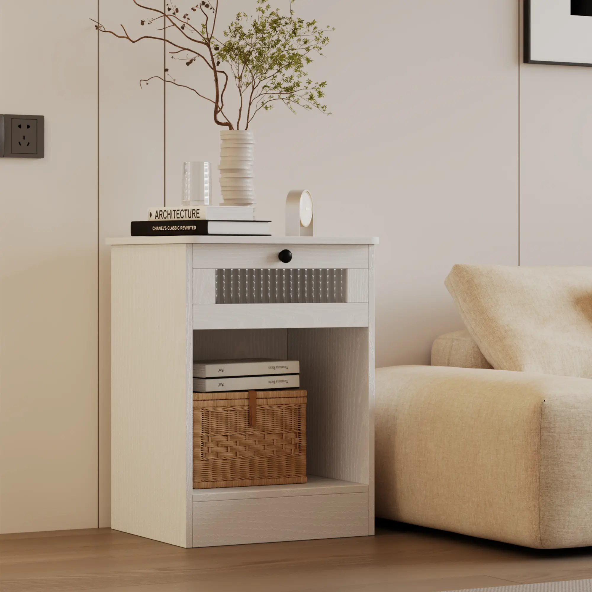 Modern Nightstand with Fluted Glass Drawer, End Table with Open Storage Shelf, Small Bedside Table for Bedroom, Living Room & Office