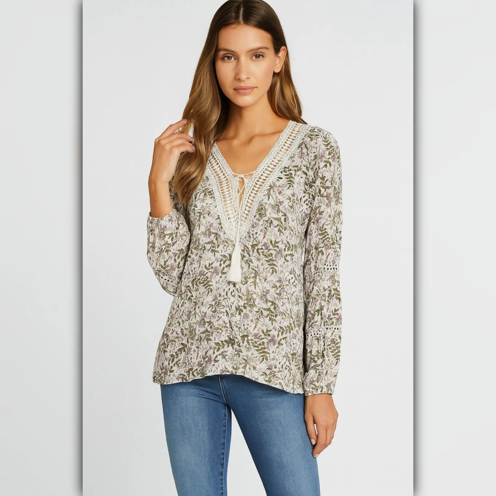 Women's Bohemian Floral Blouse, Long Sleeve Rayon Peasant Top with Crochet Lace and Tassel Tie for Comfy Casual Cottagecore Style, Cute, Romance, Boho Clothes For Women, Layering Outfits, Modest, Aesthetic Vibes, Ditsy Floral, Ready To Wear, Tassel Accent