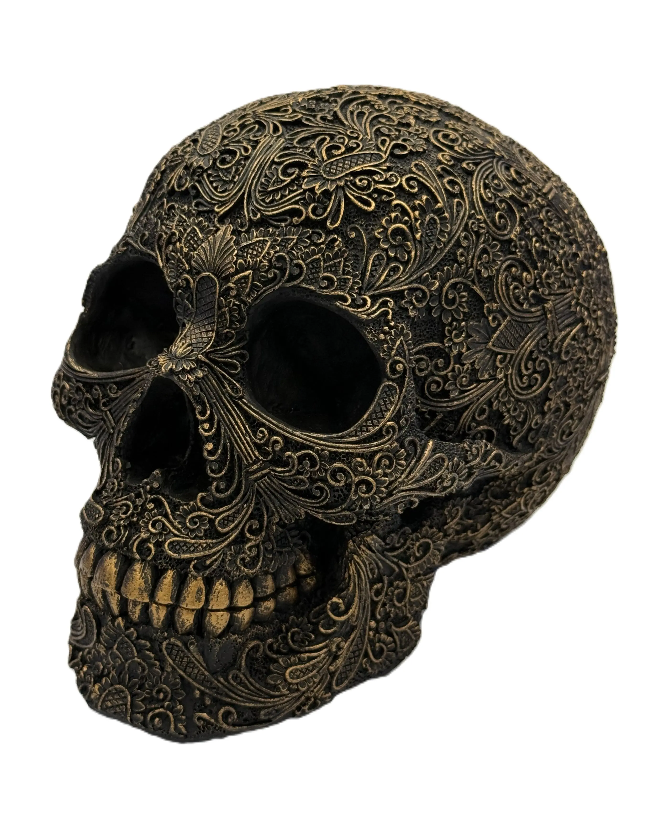 Carved Skull Gothic Decor Cold Cast Resin Hand Painted Ornate Skull Sculpture