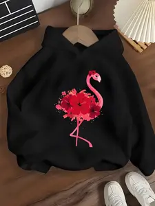 Girls' Hooded Sweatshirt 'flamingo Flower,' Flamingo Floral Print, Clothing, Romantic Style, Comfortable Fabric, Sweet & Romantic, Graphic Print Hoodie