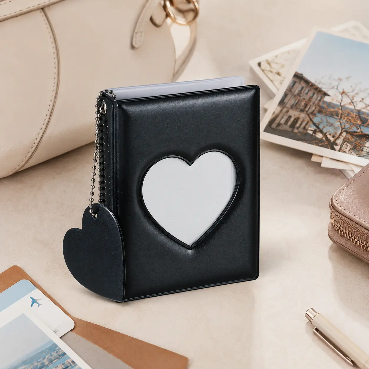 Mini Photo Album with Heart Window – 32 Pockets for Small Photos & Cards
