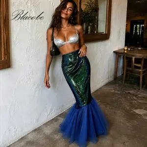 Women's Mermaid Skirt, Halloween Party Must-Have, Sequins Long Tail Asymmetric Mesh, Stretchy Elastic Waist Cosplay Costume