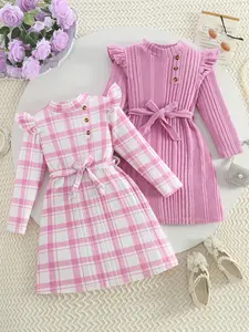 Young Girls Long Sleeve Dress Set, Autumn Winter Fashion, Plaid Print, High Neck Button Detail, Waist Belt, Lovely Bow Dress, Casual Elegance, Plaid Gingham Dress, Little Sister Outfit