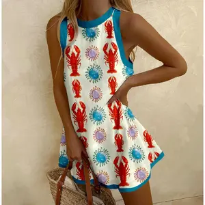 Summer Lobster & Sun Print Sleeveless A-Line Mini Dress — Featuring Contrasting Blue Trim and a Vacation-Inspired Style.