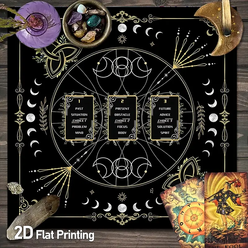 Mystical Altar Cloths Witchcraft with Celestial Black Golden Tarot Card Tablecloth for Witchcraft Astrology Spiritual Decoration Oracle Paper Mat Falling Games Dormitory Home Decor Polyester Tarot Mat for Reading Cards Divination