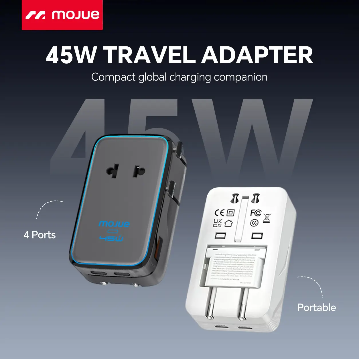 MOJUE European travel plug adapter, universal travel adapter, 2026 ultra-thin 45W PD fast charger, 4 ports (1 AC/2 USB-A/1 USB-C) international power adapter essential