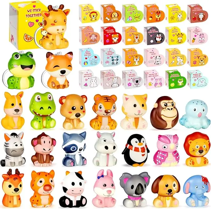 24PCS Valentines Day Cards with Animal Squishy Toys Keychains Slow Rising Stress Relief Toys for Kids Valentine’s Day Party Favors School Classroom Exchange Gifts