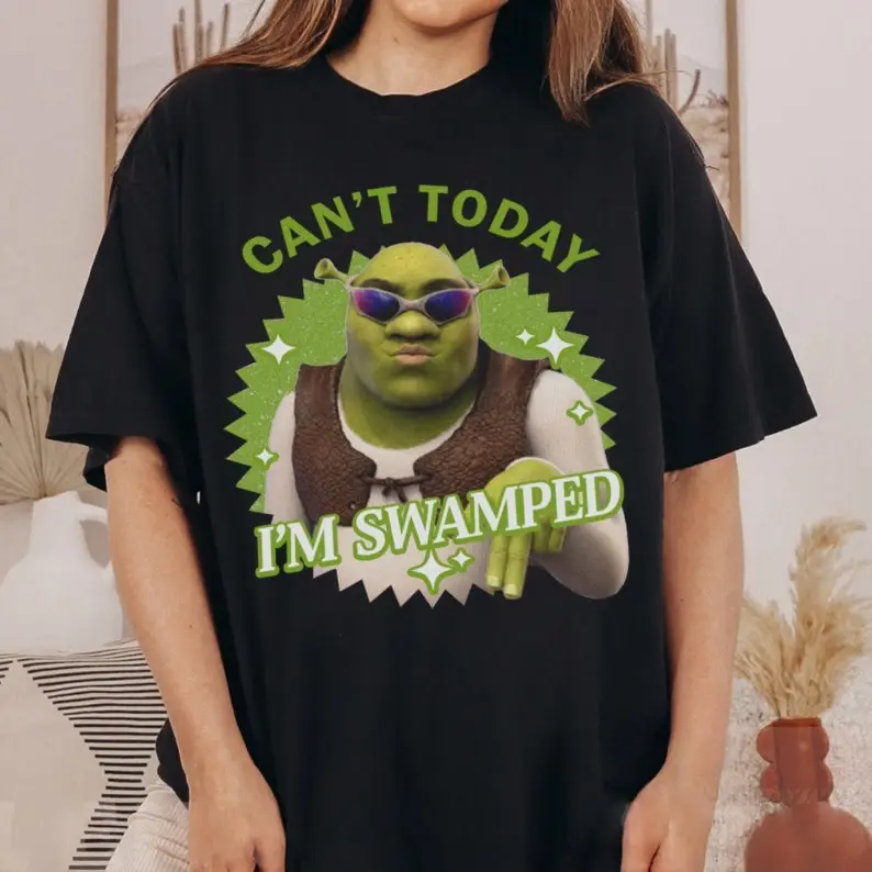 Can’t Today I’m Swamped Shrek Shirt, Funny Shrek Meme T-Shirt, Ogre Humor Graphic Tee, Retro Cartoon Parody Shirt, Unisex Cotton Meme Tee