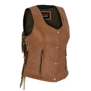 High Mileage 'Roxy' Ladies Premium Brown Leather Vest with Fringes and Rivets