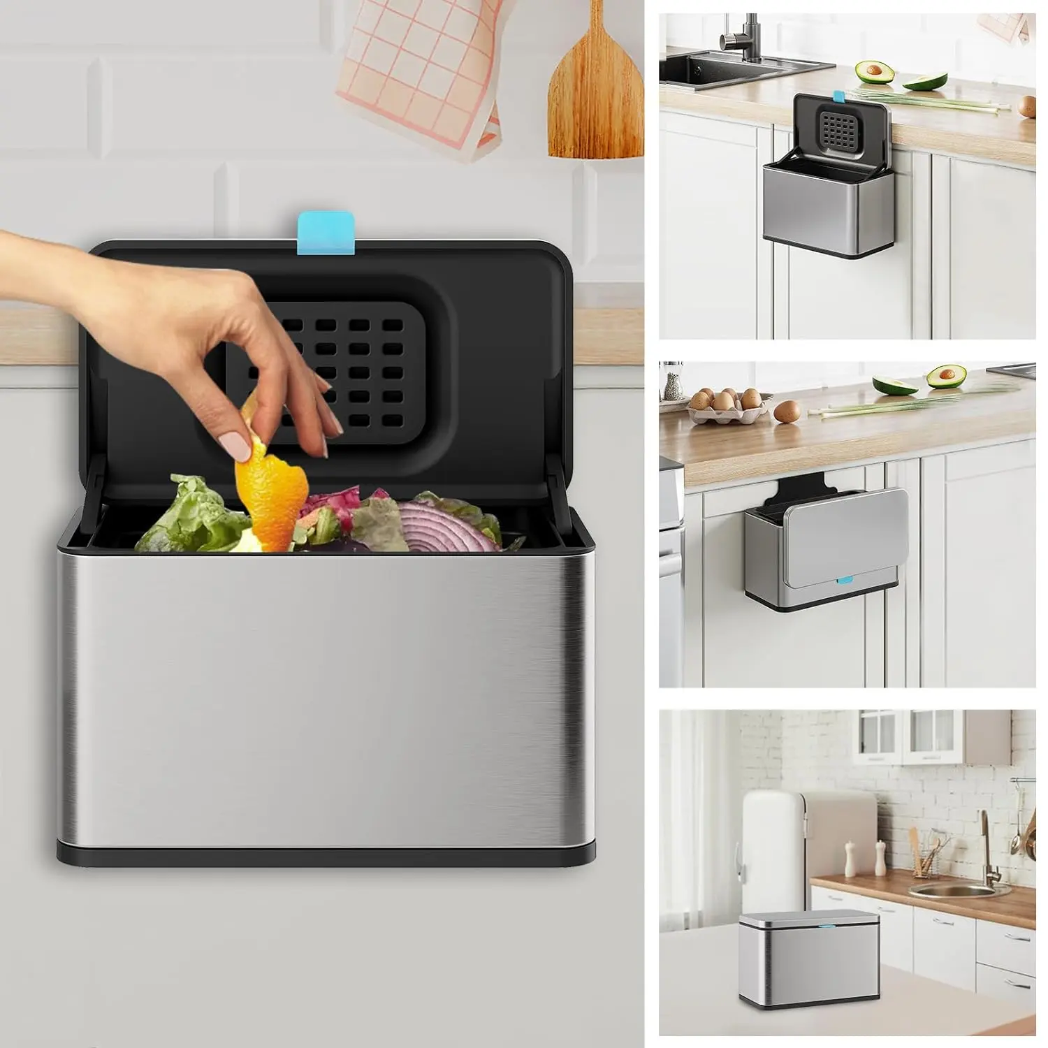 Stainless Steel Hanging Trash Can with Lid and Inner Bucket, 1 Gallon Kitchen Compost Bin for Counter Top, Under Sink or Wall Mount, Small Garbage Can for Cupboard/Bathroom/Bedroom/RV